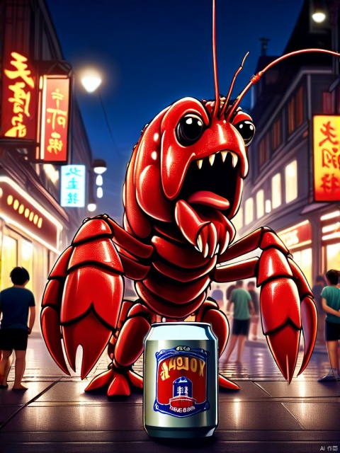 一只巨型的小龙虾站立在热闹的街头,它的旁边放着一桶啤酒。周围是夜晚的城市景象,灯光闪烁,人们来往匆匆,给这个场景增添了一种独特的氛围