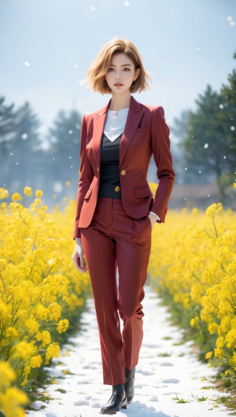 A lady in a red suit with golden short hair, standing elegantly in a rapeseed flower field, snowflakes falling from the sky, with snow covering the ground. A high-definition picture of an elegant woman in a red suit with golden hair standing in a rapeseed field with snowflakes falling and snow on the ground, trending on ArtStation, by Greg Rutkowski, photorealistic painting art by Midjourney.