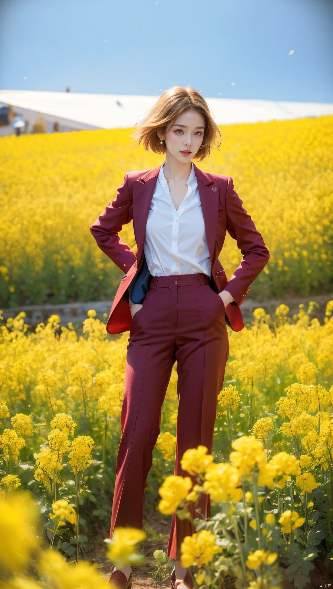 A woman in a red suit, short blond hair, standing gracefully in a field of canola flowers, snowflakes falling from the sky, snowflakes covering the earth, thick snow, a high-definition photo, an elegant woman, dressed in a red suit and blond hair, standing in a rape field, snowflakes falling, Snowflakes falling on the ground, this photo is popular on Artstation by Greg Rutkowski, a photorealist painting by Midtrip.