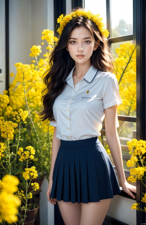 A pretty young girl was in a room, dressed in a JK uniform and short skirt, showing off her long legs, sexy, bare breasts, medium breasts, with a wreath on her head and a bunch of bright yellow canola flowers in her hand. The background is solid black with cinema-quality lighting. Sharp focus, high resolution photos of the world's most beautiful artwork, a young girl in a JK uniform holding rape flowers in an indoor setting with cinematographic lighting, shot by Greg Rutkowski, popular on ArtStation, intricate, high detail, sharp focus, dramatic, realistic painting art.