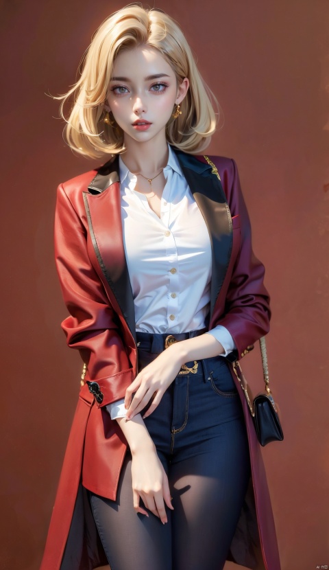  Girl, red wool coat, pretty face, short hair, blonde hair, (photo reality: 1.3) , Edge lighting, (high detail skin: 1.2) , 8K Ultra HD, high quality, high resolution, best ratio of four fingers and one thumb, (photo reality: 1.3) , wearing a red coat, white shirt inside, large breasts, solid color background, solid red background, advanced feeling, texture pull full, 1 girl, xiqing, hszt, xiaxue, dongji, Light master, ((poakl))