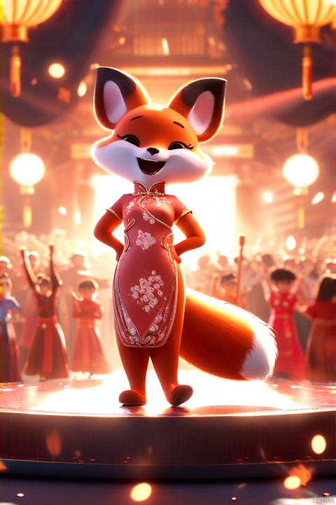 一只狐狸小姐穿着旗袍,3d渲染,站立在华丽的舞台上,她双手叉腰,周围是尖叫的人群观众,灯光柔和,给这个场景增添了一种独特的氛围