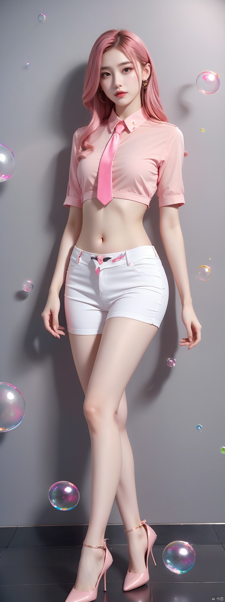  Best quality,masterpiece, 1girl,orange shirt, (Tie), Exposed thighs, exposed navel,Hourglass body shape,1girl, (\meng ze\),bubble,pink hair