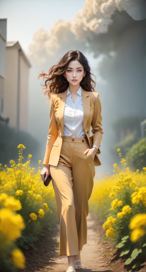 An elegant woman in an orange suit, wavy hair, standing in the fog, a field full of rape flowers, fog, fog, breeze make her clothes and hair slightly fluttering, famous artist, master of light art painting, high-definition photography, cover design