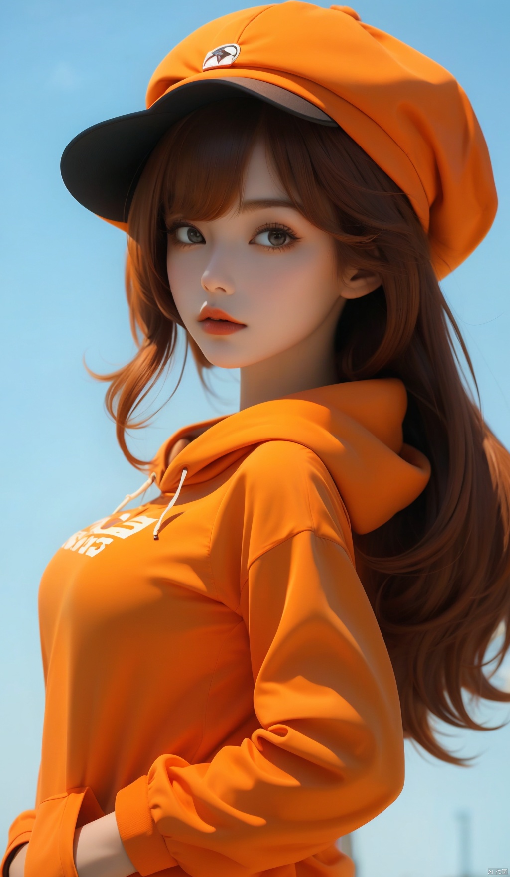  1 girl, Solo, Big Boobs, sexy, long hair, bangs, brown hair, long sleeves, hat, shut up, upper body, signature, hat, orange hair, from side, hoodie, side, Shadow, hat Down, hand in pocket, white hoodie, (Mengze) 