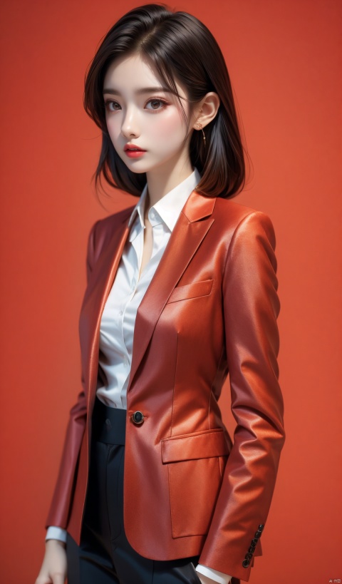  A glamorous beauty in a semi-body portrait, donning a suit jacket and white shirt, lips painted with striking red lipstick, looking incredibly refined. Set against a pure red backdrop that contrasts sharply with her attire. Fully detailed high-definition image of the elegant lady in formal wear against a vibrant red background, sophisticated, sensual, sharp focus, vivid color, photorealistic art by top photographers, trending on Unsplash, popular on Pinterest, Instagram worthy, Tumblr style, high quality digital photo., xiqing, ((poakl))