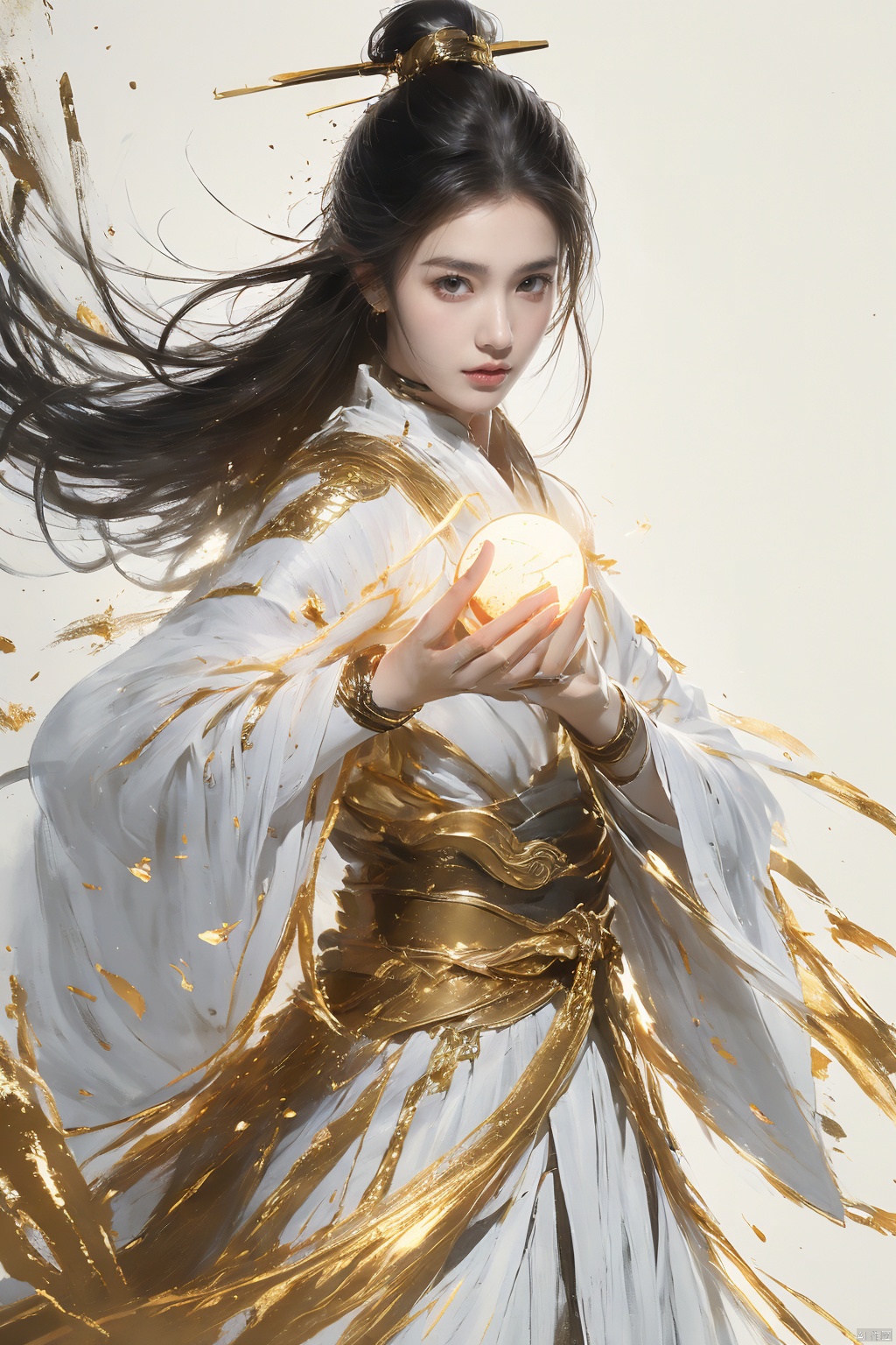  a woman with white hair holding a glowing ball in her hands, white haired deity, by Yang J, heise jinyao, inspired by Zhang Han, xianxia fantasy, flowing gold robes, inspired by Guan Daosheng, human and dragon fusion, cai xukun, inspired by Zhao Yuan, with long white hair, fantasy art style,,Ink scattering_Chinese style, smwuxia Chinese text blood weapon:sw, lotus leaf, (\shen ming shao nv\), gold armor