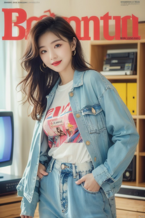  80sDBA style, fashion, (magazine: 1.3), (cover style: 1.3),Best quality, masterpiece, high-resolution, 4K, 1 girl, smile, exquisite makeup,shirt,jean,jacket , lace, tv,boombox
,, , ,long_hair , , , zhangmin