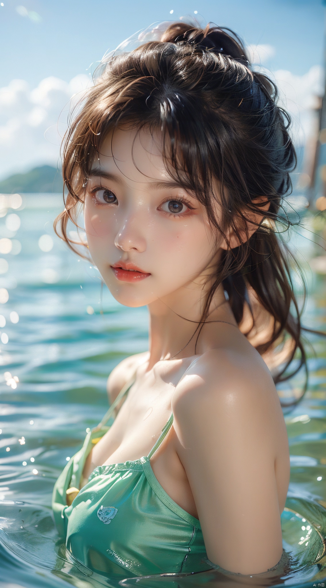  best quality, masterpiece,little girl,12 years old,beautiful detailed eyes,aqua eyes,solo,bunches,bangs,cute face,swimsuit,Playing in the water by the beach,realistic,8k, xiqing