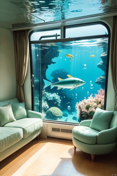  indoors, no humans, window, ground vehicle, scenery, fish, bubble, underwater, air bubble, train interior