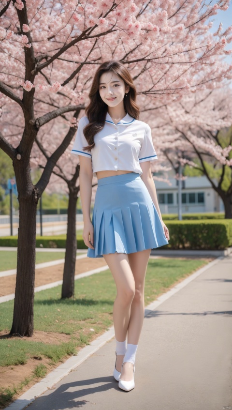 Best Quality, Super High Resolution, a girl (full body photo,) outdoors, white clothes, blue skirt, JK uniform, uniform, long hair fluttering, cherry blossom background, Blue Sky White Clouds, breeze, side face, look to the side
