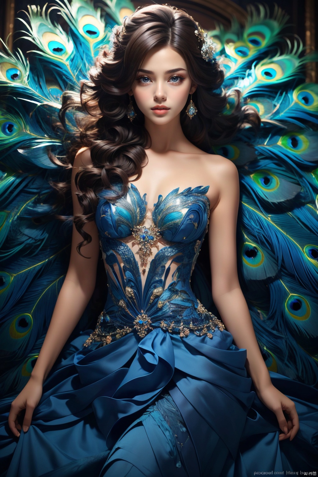  Masterpiece, best quality, bust, a girl, Peacock princess, blue dress, exquisite face, sexy, white skin, medium chest, HD photography, (Peacock) , ((poakl)), 1girl,moyou
