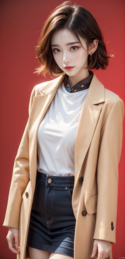 Outdoor scenery, girls, red wool coat, pretty face, short hair, blonde hair, (photo reality: 1.3) , Edge lighting, (high-detail skin: 1.2) , 8K Ultra HD, high quality, high resolution, the best ratio of four fingers and thumb, (photo reality: 1.3) , wearing a red coat, white shirt inside, large breasts, hand-held rape flower, solid background, solid red background, advanced feeling, texture full, 1 girl, Xiqing, HZT, Xiaxue, dongy, a girl, magic eyes, black 8d smooth stockings, 1 girl, Xiqing, HSZT, (Mengze) 