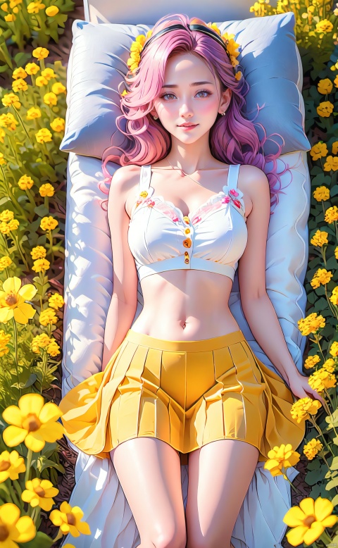  1 girl, (light yellow skirt), multi-colored hair, pink hair, butterfly headband, white motor headset, (rape flower), flower field, flower sea, rape flower field, yellow painting, body, lie down, navel, white transparent skin, soft light from above, masterpiece, best quality, 8k, HDR,,,, ((poakl))