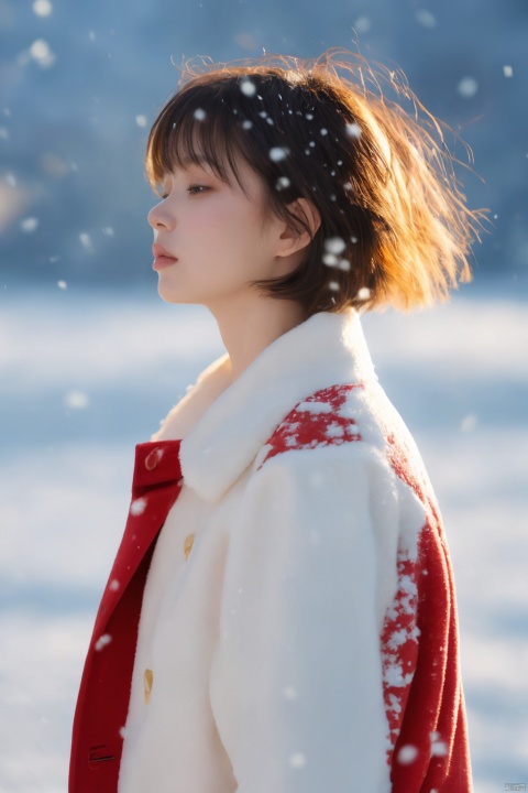  A short-haired girl standing in the snow, Red Coat, head up, breeze blowing hair, snow, snowflakes, depth of field, telephoto lens, messy hair, (close-up) , (sad) , sad and melancholy atmosphere, reference movie love letter, profile, head up, ((floating)) bangs or fringes of hair, eyes focused, half-closed, center frame, bottom to top, orgdress, Light master
