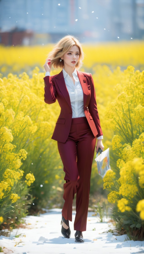 A woman in a red suit, short blond hair, standing gracefully in a field of canola flowers, snowflakes falling from the sky, snowflakes covering the earth, thick snow, a high-definition photo, an elegant woman, dressed in a red suit and blond hair, standing in a rape field, snowflakes falling, Snowflakes falling on the ground, this photo is popular on Artstation by Greg Rutkowski, a photorealist painting by Midtrip.