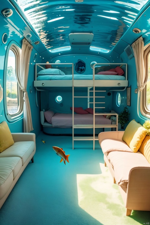  indoors, no humans, window, ground vehicle, scenery, fish, bubble, underwater, air bubble, train interior