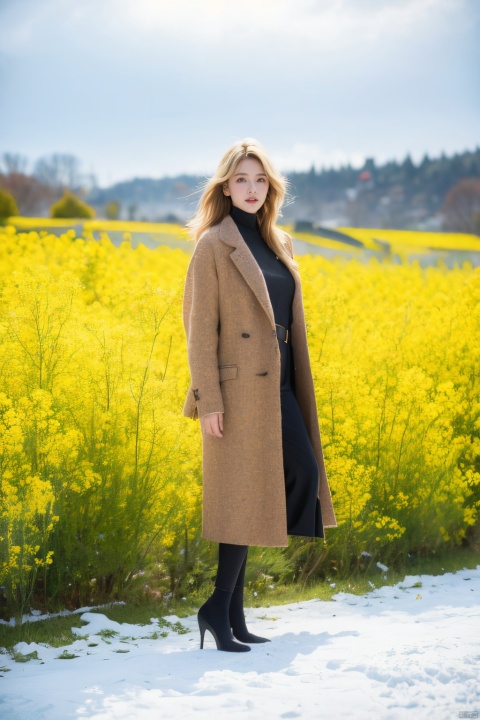 A woman in a red tweed coat, short blonde hair, standing gracefully among canola flowers, snowflakes falling from the sky, snowflakes covering the earth, thick snow, a high-definition photo, an elegant woman, long coat, blond hair, long legs, bare legs, high heels, standing in a rape field, snowflakes falling, Snowflakes falling to the ground, this photo was taken by Greigg Ruttkowski at Artstation