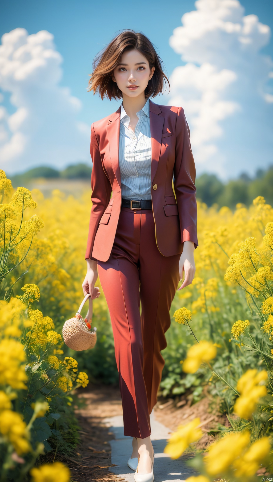 A lady in a red suit with golden short hair, exuding elegance, standing amidst blooming rapeseed flowers under a clear blue sky with white clouds, gentle breeze blowing, high resolution photo of the most beautiful artwork in the world featuring elegant woman in red suit standing in canola fields, smiling, blonde hair, casual chic style, serene countryside, vibrant yellow flowers, springtime, fashionable, trending on ArtStation, trending on CGSociety, Intricate, High Detail, Sharp focus, dramatic, photorealistic painting art by midjourney and greg rutkowski.