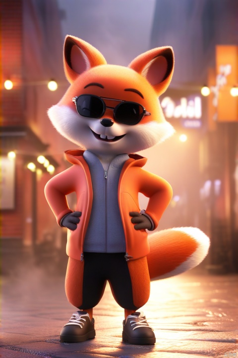一个可爱的3D渲染的狐狸站立在热闹的街头,她双手叉腰,戴着墨镜,周围是夜晚的城市景象,,烟雾弥漫了街道,给这个场景增添了一种独特的氛围
