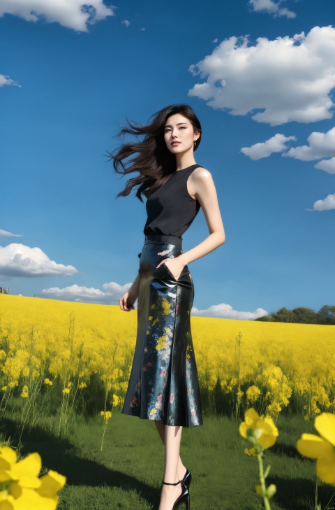  elegant asian woman in a black Mosaic dress,standing in a field of flowering rape flowers against a backdrop of blue skies and white clouds, Fairy, crystal, jewels,Crystal clear,eyeshadow,dynamic pose,(the skirt sways with the wind:1.2),(skirt_hold:1.2),high heels,Charming eyes,sideways_glance,exquisite facial features,slim legs,graceful yet melancholic posture,full shot,dutch angle,from_side,medium_shot,soft lighting,dramatic,perfect lighting,simple_background,(masterpiece, realistic, best quality, highly detailed, Ultra High Resolution, Photo Art, profession,cinematic_angle),plns,sw,1girl, dress,nature,colorful, sunyunzhu, blackpantyhose,print legwear
