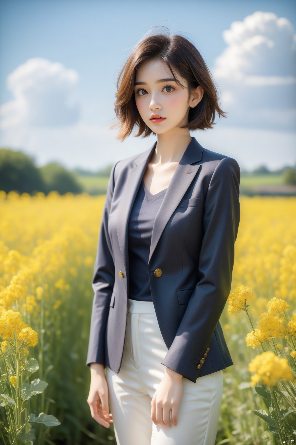  A elegant woman in a dark suit with golden short hair, standing in a field of blooming rapeseed flowers against a backdrop of blue sky and white clouds, gentle breeze blowing, causing her clothes corner and hair to flutter slightly, high quality full HD picture, art painting by famous artist., Light master, ((poakl)), (\meng ze\)