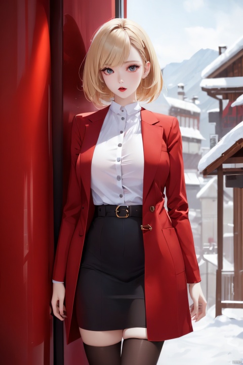  Outdoor scenery, snow view, Snow Mountain, girl, red wool coat, pretty face, short hair, blonde hair, (photo reality: 1.3) , Edge lighting, (high detail skin: 1.2) , 8K Ultra HD, high quality, high resolution, the best ratio of four fingers and a thumb, (photo reality: 1.3) , wearing a red coat, white shirt inside, big chest, solid color background, solid red background, advanced feeling, texture full, 1 girl, Xiqing, HSZT, Xiaxue, dongy, a girl, magic eyes, black 8d smooth stockings, 1girl, tm, hy