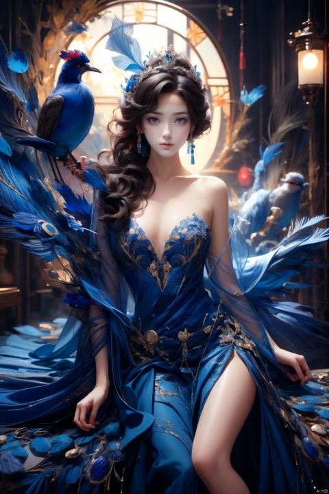 A majestic peacock princess in an indoor setting, under dim lighting with warm tones and play of light and shadow. The feathers are vibrant and detailed, reflecting her pride and confidence. The environment is mysterious, with decorations on the walls reflecting faint light, adding depth to the space. High quality image, full body shot, close up of the feathers, intricate details, sharp focus, dramatic lighting, warm tones, trending on ArtStation, trending on CGSociety, photorealistic painting art by Greg Rutkowski and Midjourney., tutututu