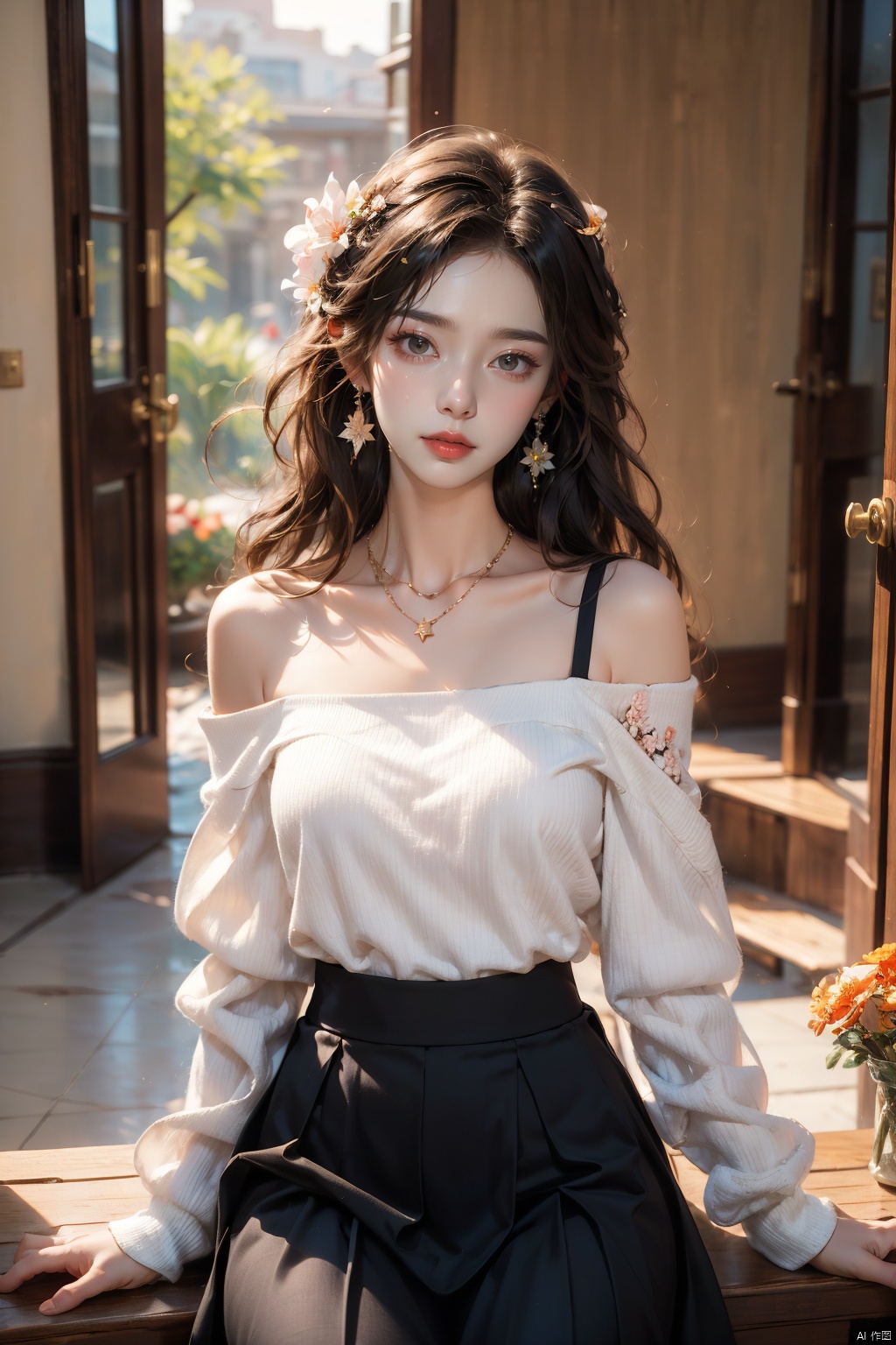  1 girl, jewelry, solo, earrings, long hair, forehead markings, black hair, necklace, bare shoulders, flowers, red lips, hair flowers, upper body, skirt, off shoulder, facial markings, head down, makeup, lips, candles, collarbones, long sleeves, tears streaming down, crying, Tyndall effect, 8k, large aperture, masterpiece of the century, sit, maple leaf, doorway, corridor, Sun on face, (\meng ze\)