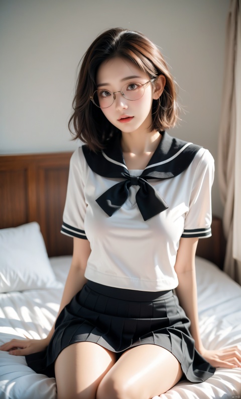 Enhanced, masterpiece, 16K, JK, 1 girl, glasses, short hair, school uniform, skirt, sitting on the bed, Big Boobs, Big Boobs