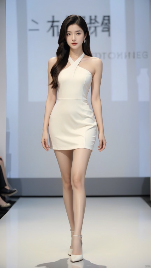  1girl, solo, long_hair, looking_at_viewer, black_hair, dress, brown_eyes, jewelry, standing, full_body, pantyhose, earrings, solo_focus, Models walked on the gorgeous catwalk,white_dress, high_heels, realistic, Light master