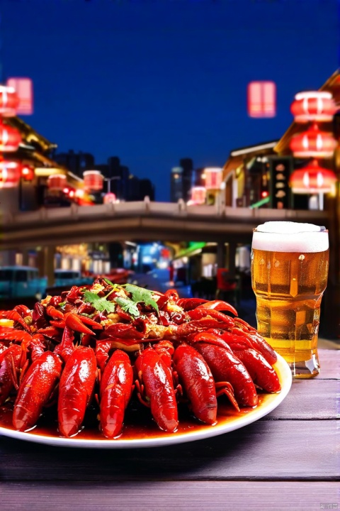 一只巨大的小龙虾在桌子上,旁边配有一杯啤酒,背景是热闹的街头夜景