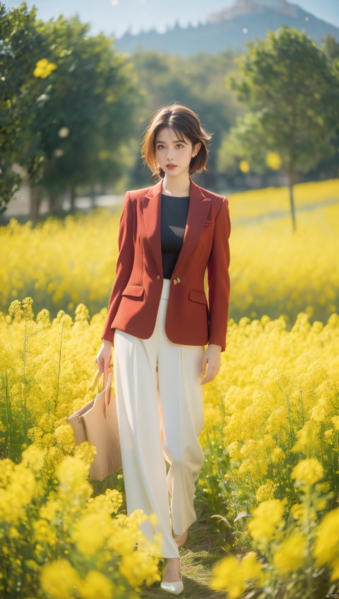 A woman in a red suit, short blond hair, standing gracefully in a field of canola flowers, snowflakes falling from the sky, snowflakes covering the earth, thick snow, a high-definition photo, an elegant woman, dressed in a red suit and blond hair, standing in a rape field, snowflakes falling, Snowflakes falling on the ground, this photo is popular on Artstation by Greg Rutkowski, a photorealist painting by Midtrip.