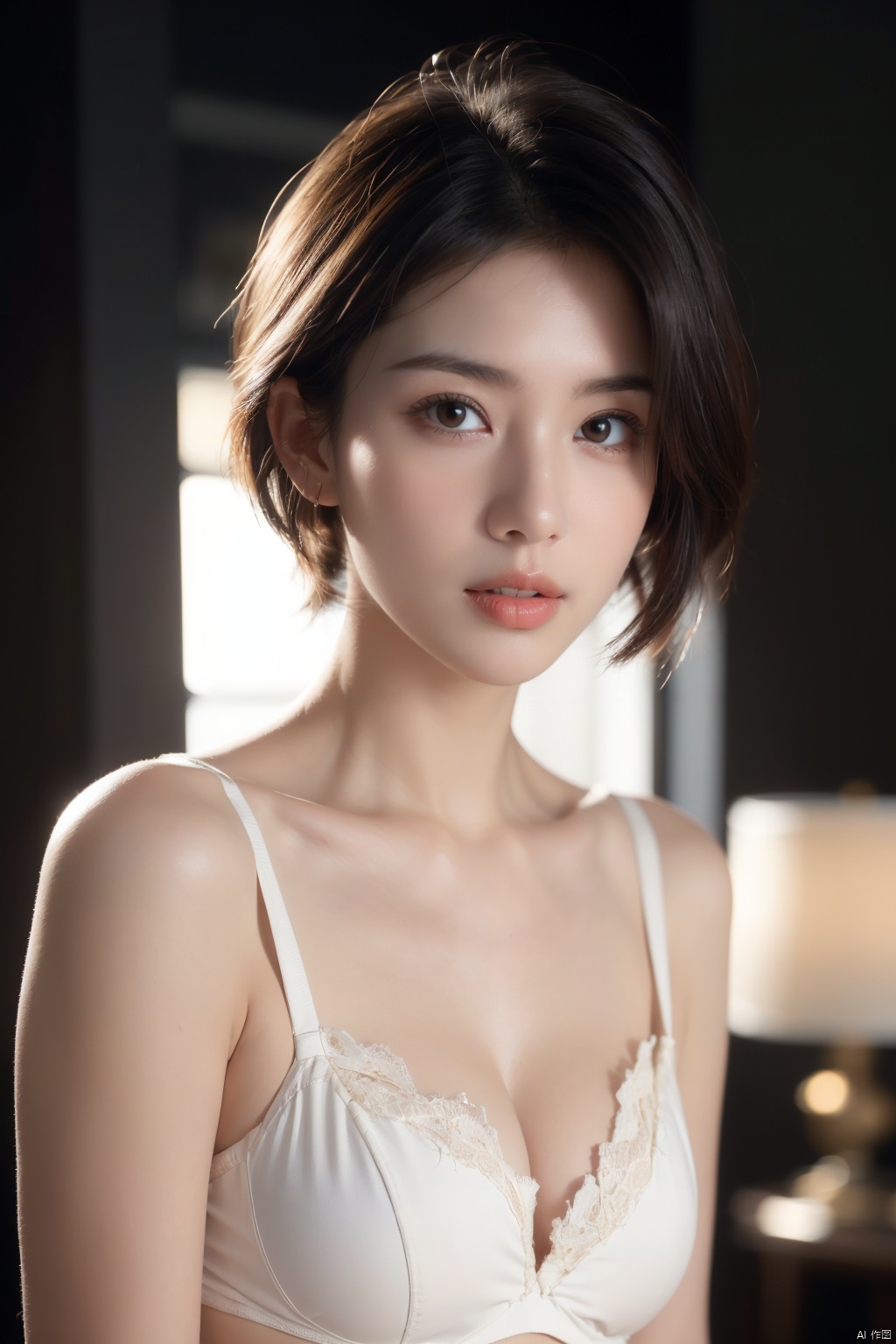  (RAW photo, best quality), (realistic, photo-realistic:1.2), 1girl,middle breasts,Cleavage,undergarments,Upper body, high quality, (high detailed skin:1.4), puffy eyes, gorgeous hair, (dark room:1.3), (rim lighting:1.3), (dimly lit:1.3), (dark night:1.3), indoors, portrait, black hair, dark background, short hair, 1 girl