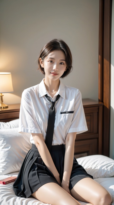  Enhanced, masterpiece, 16K, JK, 1 girl, short hair, school uniform, skirt, sitting on bed