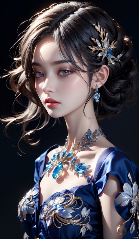  (best quality:1.4), (masterpiece:1.4), ultra-high resolution, 8K, CG, exquisite, upper body, lonely, Thumbelina, little princess, blue taffeta court dress, snowflake background, detailed facial features, silver-gray hair, almond-shaped eyes, intricate eye makeup, long eyelashes, gray eyes and starry gaze, intricate lip details, soft and harmonious style