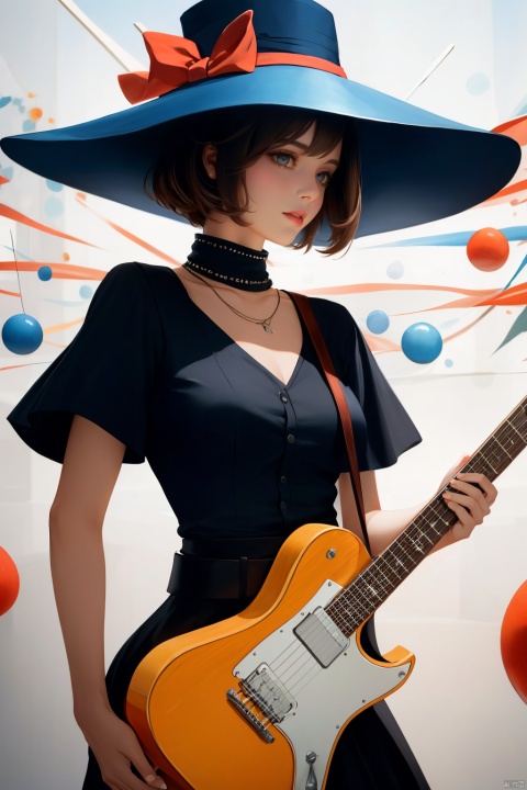 A person wearing a Memphis style outfit, with a large hat and holding a guitar, standing in front of a brightly colored geometric background. The face is relaxed and happy, surrounded by colorful balls of various colors. High resolution image, trending on ArtStation, trending on CGSociety, Intricate, High Detail, Sharp focus, dramatic, photorealistic painting art by midjourney and greg rutkowski., hy