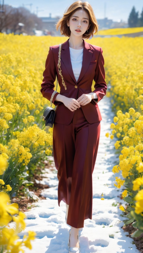 A woman in a red suit, short blond hair, standing gracefully in a field of canola flowers, snowflakes falling from the sky, snowflakes covering the earth, thick snow, a high-definition photo, an elegant woman, dressed in a red suit and blond hair, standing in a rape field, snowflakes falling, Snowflakes falling on the ground, this photo is popular on Artstation by Greg Rutkowski, a photorealist painting by Midtrip.