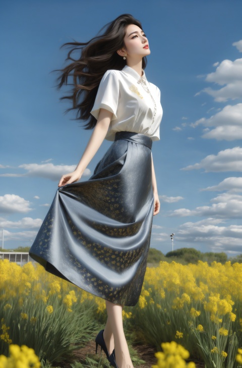  elegant asian woman in a black Mosaic dress,standing in a field of flowering rape flowers against a backdrop of blue skies and white clouds, Fairy, crystal, jewels,Crystal clear,eyeshadow,dynamic pose,(the skirt sways with the wind:1.2),(skirt_hold:1.2),high heels,Charming eyes,sideways_glance,exquisite facial features,slim legs,graceful yet melancholic posture,full shot,dutch angle,from_side,medium_shot,soft lighting,dramatic,perfect lighting,simple_background,(masterpiece, realistic, best quality, highly detailed, Ultra High Resolution, Photo Art, profession,cinematic_angle),plns,sw,1girl, dress,nature,colorful, sunyunzhu, blackpantyhose,print legwear