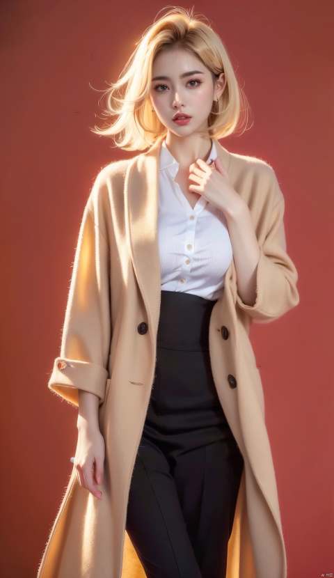  Girl, red wool coat, pretty face, short hair, blonde hair, (photo reality: 1.3) , Edge lighting, (high detail skin: 1.2) , 8K Ultra HD, high quality, high resolution, best ratio of four fingers and one thumb, (photo reality: 1.3) , wearing a red coat, white shirt inside, large breasts, solid color background, solid red background, advanced feeling, texture pull full, 1 girl, xiqing, hszt, xiaxue, dongji, Light master, ((poakl))