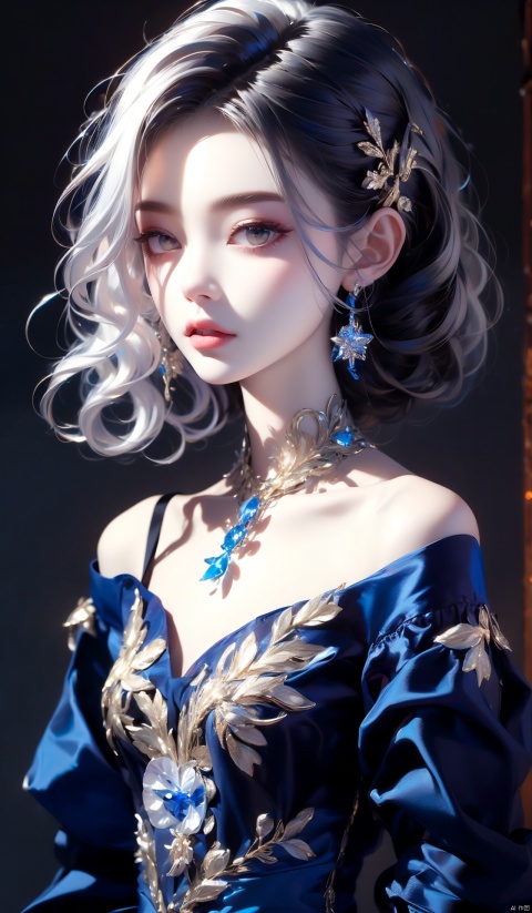  (best quality:1.4), (masterpiece:1.4), ultra-high resolution, 8K, CG, exquisite, upper body, lonely, Thumbelina, little princess, blue taffeta court dress, snowflake background, detailed facial features, silver-gray hair, almond-shaped eyes, intricate eye makeup, long eyelashes, gray eyes and starry gaze, intricate lip details, soft and harmonious style, xiqing, hszt, xiaxue