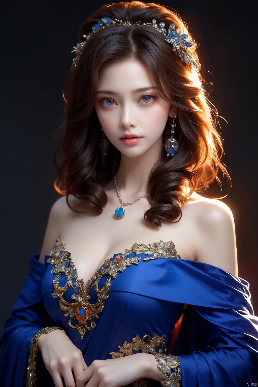  High quality, masterpiece, 1 girl, blue eyes,blue, orange, red,Blue gemstone earrings, blue gemstone necklace,Breast crevices, off shoulder,white background, ((poakl)), (\fan hua\)