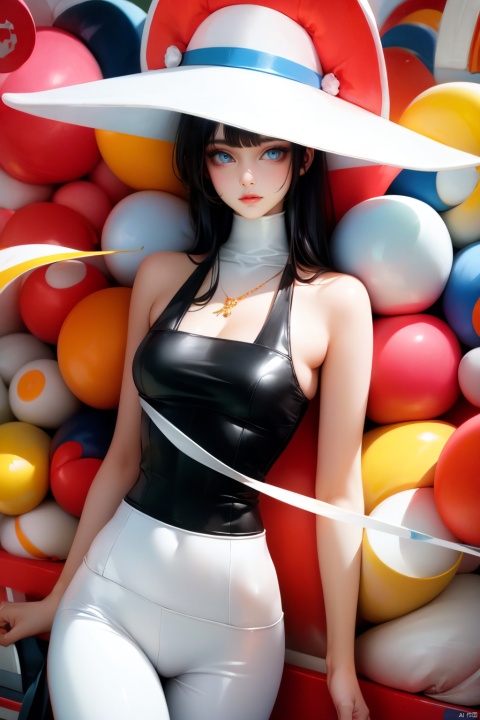  A person wearing a Memphis style outfit, with a large hat and holding a guitar, standing in front of a brightly colored geometric background. The face is relaxed and happy, surrounded by colorful balls of various colors. High resolution image, trending on ArtStation, trending on CGSociety, Intricate, High Detail, Sharp focus, dramatic, photorealistic painting art by midjourney and greg rutkowski., hy, tm