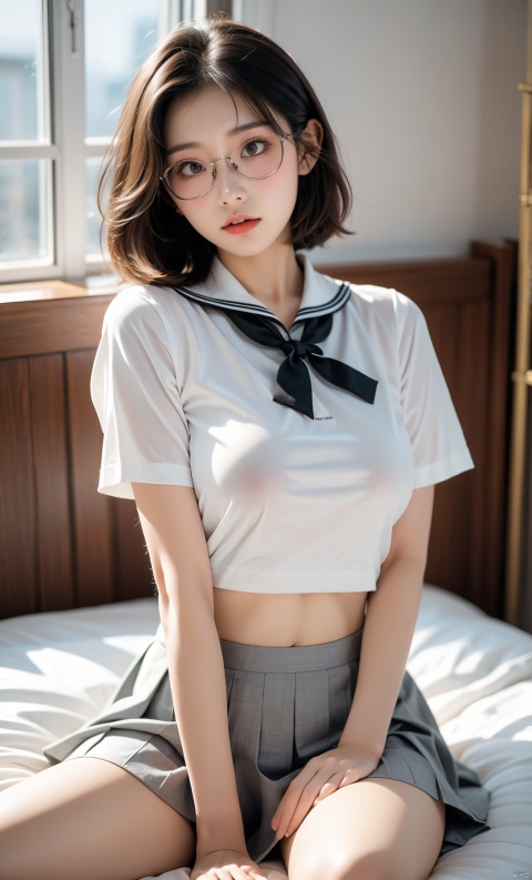 Enhanced, masterpiece, 16K, JK, 1 girl, glasses, short hair, school uniform, skirt, sitting on the bed, Big Boobs, Big Boobs, Girl