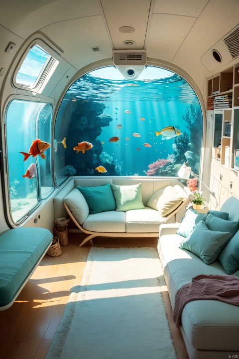  indoors, no humans, window, ground vehicle, scenery, fish, bubble, underwater, air bubble, train interior