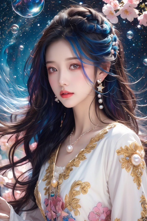  (masterpiece), (best quality), (ultra-detailed), (illustration), 1girl, mixed-blood, stars in the eyes, cherry blossoms, messy floating hair, crystal earrings, colored inner hair, Starry sky adorns hair, (colorful Bubble), (pearl), (Galaxy), depth of field, upper body, lace-trimmed dress