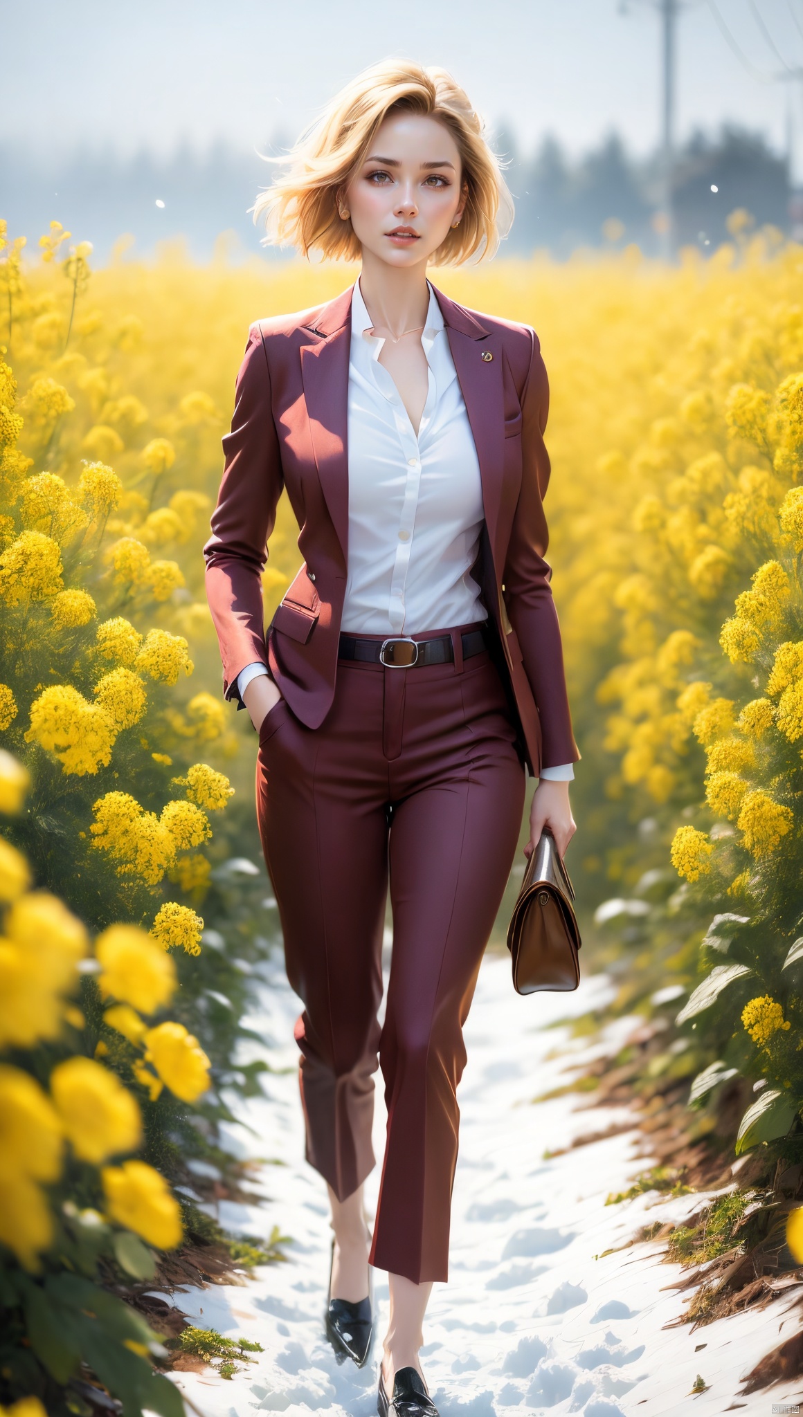 A woman in a red suit, short blond hair, standing gracefully in a field of canola flowers, snowflakes falling from the sky, snowflakes covering the earth, thick snow, a high-definition photo, an elegant woman, dressed in a red suit and blond hair, standing in a rape field, snowflakes falling, Snowflakes falling on the ground, this photo is popular on Artstation by Greg Rutkowski, a photorealist painting by Midtrip.