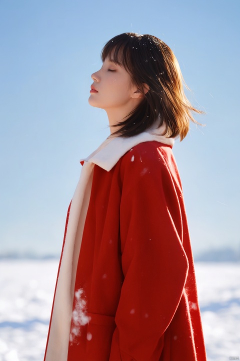  A short-haired girl standing in the snow, Red Coat, head up, breeze blowing hair, snow, snowflakes, depth of field, telephoto lens, messy hair, (close-up) , (sad) , sad and melancholy atmosphere, reference movie love letter, profile, head up, ((floating)) bangs or fringes of hair, eyes focused, half-closed, center frame, bottom to top, orgdress, Light master