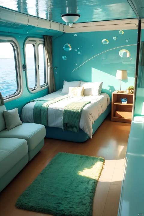  indoors, no humans, window, ground vehicle, scenery, fish, bubble, underwater, air bubble, train interior