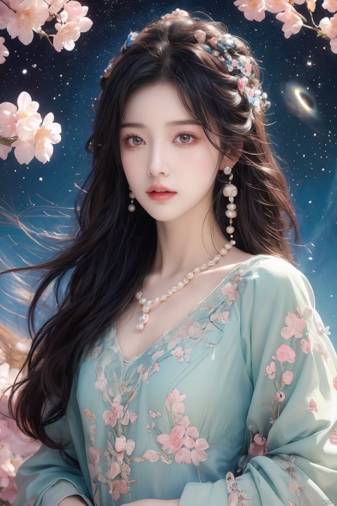  (masterpiece), (best quality), (ultra-detailed), (illustration), 1girl, mixed-blood, stars in the eyes, cherry blossoms, messy floating hair, crystal earrings, colored inner hair, Starry sky adorns hair, (colorful Bubble), (pearl), (Galaxy), depth of field, upper body, lace-trimmed dress